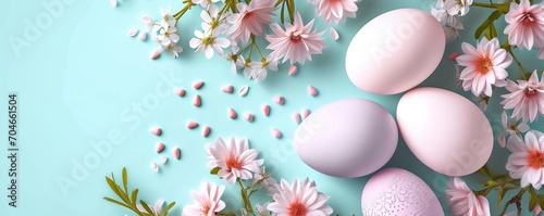 Happy Easter holiday background. Easter eggs and beautiful spring flowers