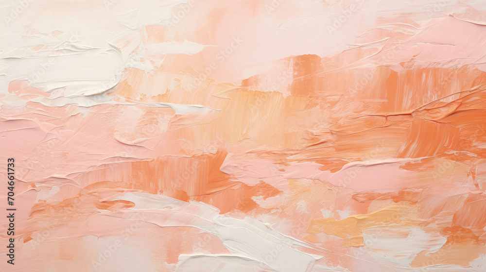 Peach oil paint texture background, abstract pattern of orange and white brush strokes on canvas. Theme of art, paintbrush, rough colored wall, vintage, stain, template