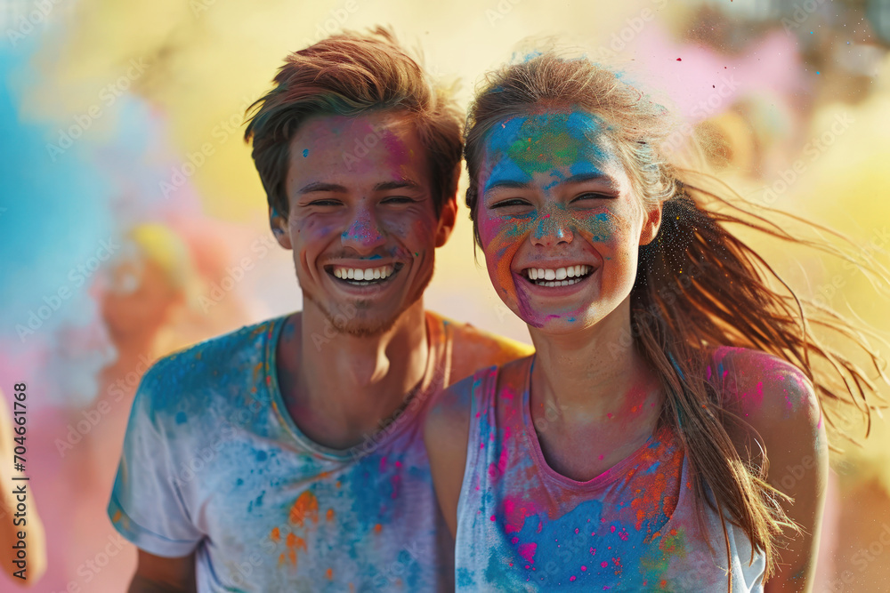 Happy young woman and man celebrating Holi festival, people stained paint on colorful powder background. Portrait of couple having fun. Concept of color, face, party, travel, India Happy young woman and man celebrating Holi festival, people stained paint on colorful powder background. Portrait of couple having fun. Concept of color, face, party, travel, India
