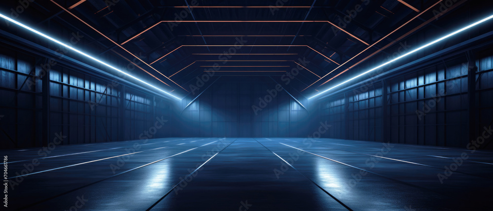 Dark garage background, perspective view of warehouse in hangar with led neon blue lighting. Modern design of large empty room, abstract space interior. Concept of show, industry, studio - obrazy, fototapety, plakaty 