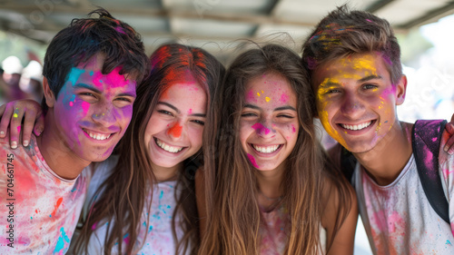 Happy young people celebrating Holi festival, group of girls and boys with faces stained paint and colorful powder. Portrait of youth having fun. Concept of color, party, travel, India © Natalya