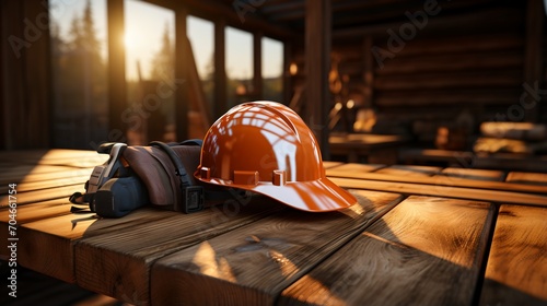 An orange hard hat and safety headphones rest on a wooden table bathed in warm sunlight. photo