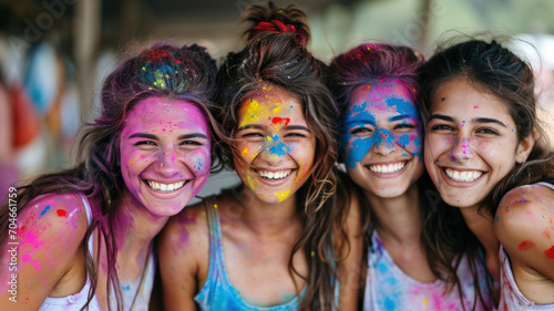 Happy young people pose for photo at Holi festival, group of smiling girls stained paint and colorful powder. Portrait of youth having fun. Concept of color, party, friends, India