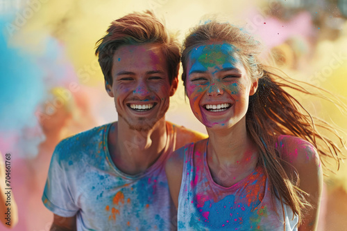 Happy young woman and man celebrating Holi festival, people stained paint on colorful powder background. Portrait of couple having fun. Concept of color, face, party, travel, India