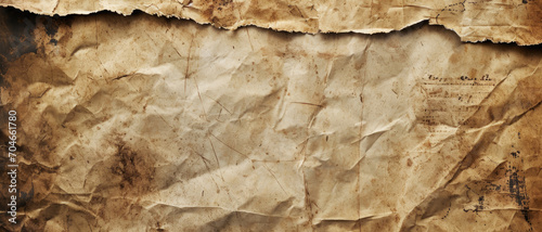 Old torn crumpled paper texture background, brown vintage sheet. Banner with rough grungy wrapping paper or parchment. Theme of worn manuscript, grunge, ancient map, retro, page photo