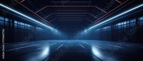 Foto Dark garage background, perspective view of warehouse in hangar with led neon blue lighting