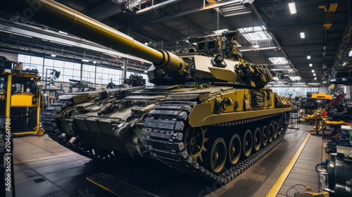 Modern tank inside warehouse of military plant, armored vehicle stored in factory. Interior of industrial hangar. Concept of technology, industry, production, war, manufacture photo