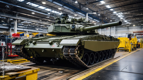 Modern tank inside warehouse of factory, armored vehicle stored in military plant. Interior of industrial hangar. Concept of technology, industry, production, war and machinery. photo