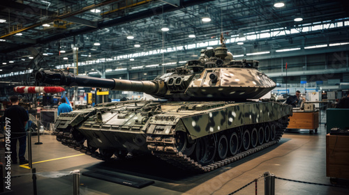 Modern tank inside warehouse of factory, armored vehicle stored in industrial hangar. Interior of military plant. Concept of technology, industry, production, war, manufacture