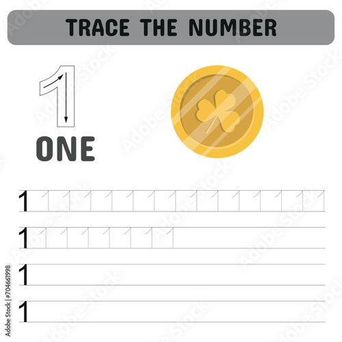 Trace the number . Tracing number worksheet for kindergarten, preschool for learning numbers and handwriting practice activities. Educational children game, printable worksheet. Vector illustration