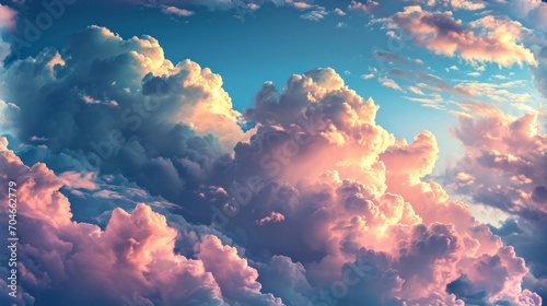  a group of clouds in the sky with a blue sky in the background and pink clouds in the foreground.