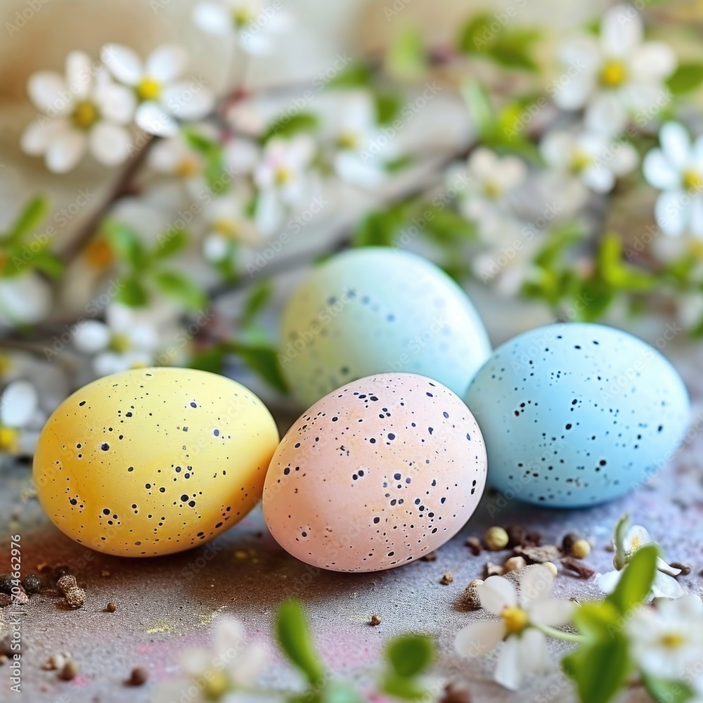 Happy Easter holiday background. Easter eggs and beautiful spring flowers