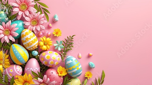 Happy Easter holiday background. Easter eggs and beautiful spring flowers