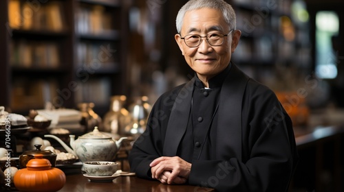 Portrait of a smiling elderly Asian man in a black suit and glasses sitting at a table with teapots and cups