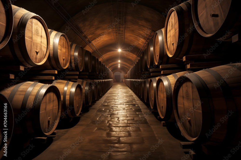 Traditional wine cellar with rows of oak barrels illuminated by soft overhead lights