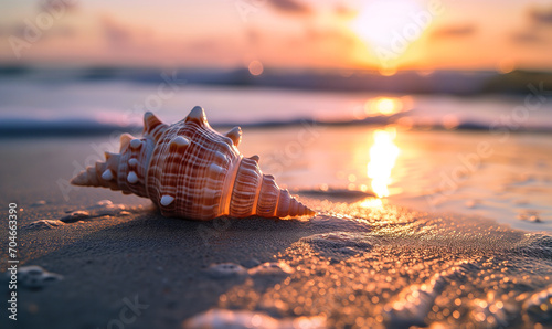 Muschel am Strand im Sonnenuntergang photo