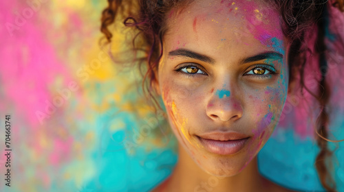 selective focus on portrait of an African-american girl painted with colorful pigments at the Holi festival