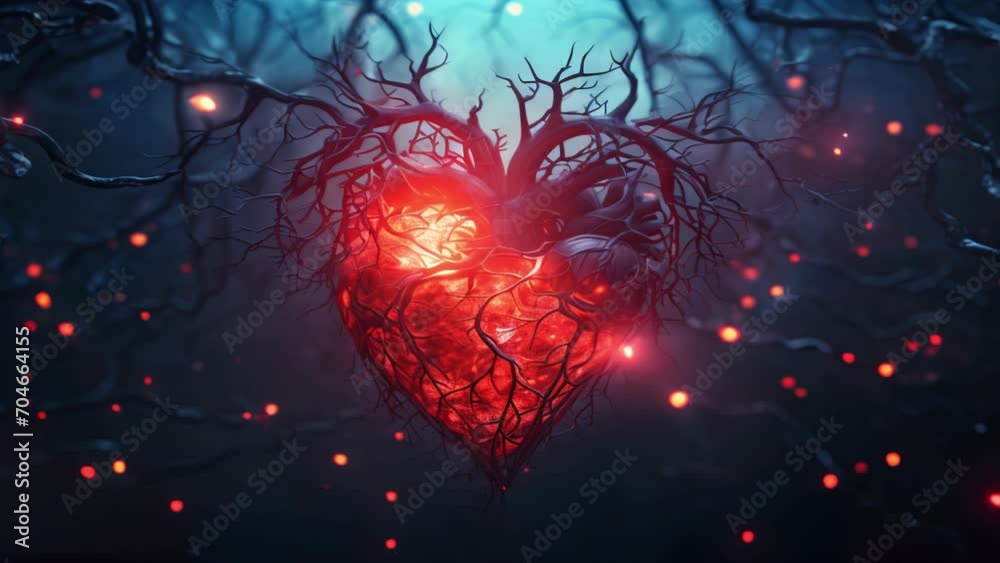 Stylized human human heart with veins, arteries and blood vessels on navy blue background. Medical neuron cardiovascular connection Stylized human human heart with veins, arteries and blood vessels on navy blue background. Medical neuron cardiovascular connection