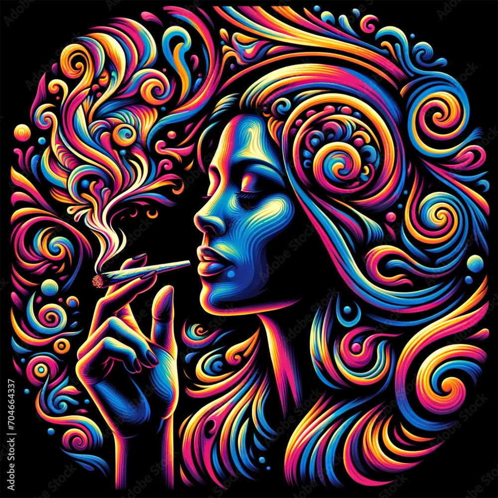 Psychedelic Art Woman Smoking Joint Multi-color black background