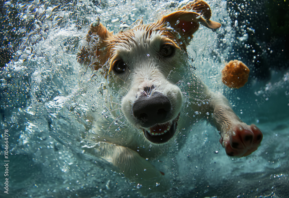 Energetic Dog Retrieving a Toy Underwater