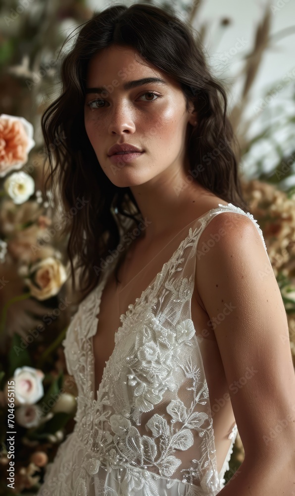 portrait of a woman in a white lace wedding dress. portrait of a woman in a white lace wedding dress.