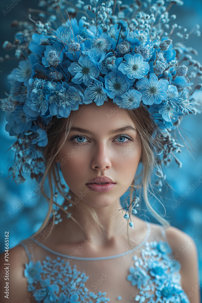 A woman with blue flowers on her head
