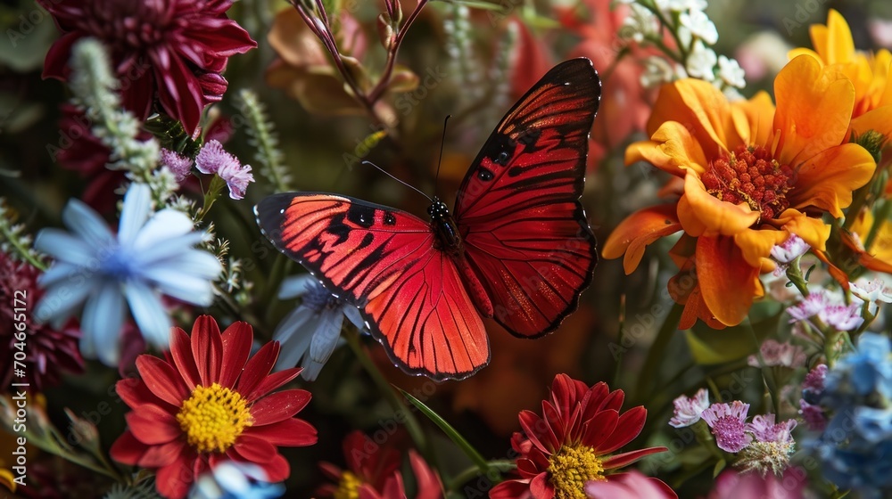  a close up of a butterfly on a bunch of flowers with one of the butterflies on top of the flowers.