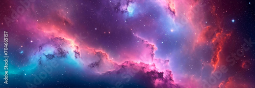 Deep space banner. Abstract representation of a colorful nebula with cosmic gas. Wide. Panoramic view.