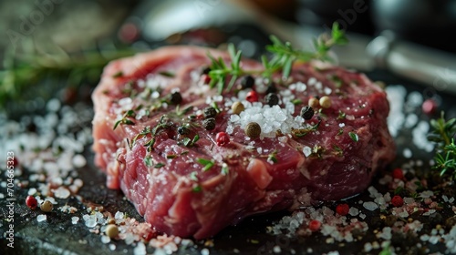  a close up of a piece of meat on a plate with sprigs of salt and pepper on it.