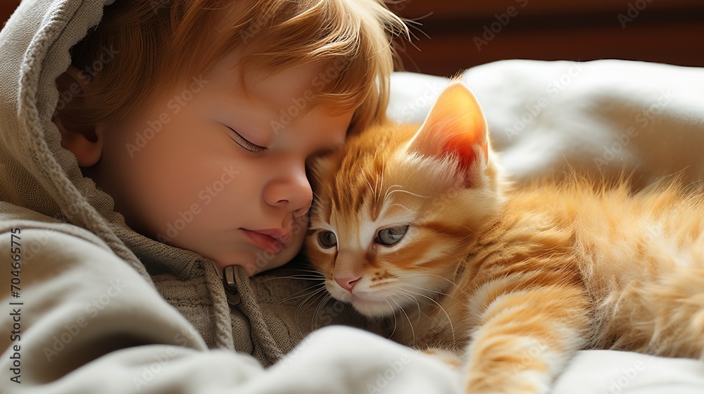 Charming and tender moment captured a baby and a cat peacefully napping side by side Charming and tender moment captured a baby and a cat peacefully napping side by side