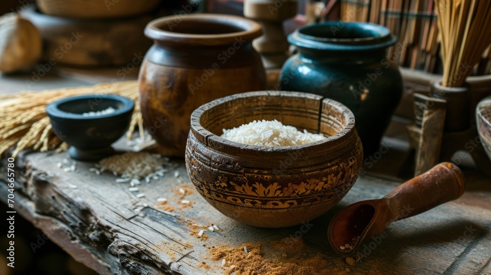 a bowl of rice sitting on top of a wooden table next to bowls of rice and a whisk. a bowl of rice sitting on top of a wooden table next to bowls of rice and a whisk.