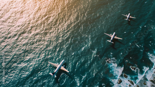 Planes fly above the sea