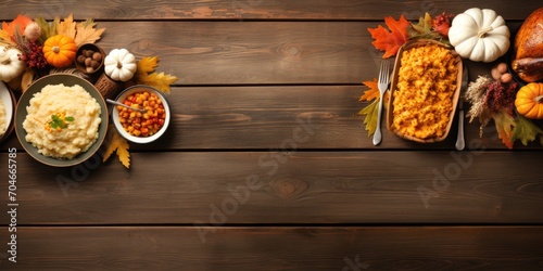 Classic Thanksgiving feast with turkey  mashed potatoes  dressing  pumpkin pie  and sides on a rustic wood backdrop.