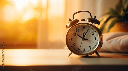 A happy woman waking up to a good day with a closeup alarm clock and sunlight in the morning photo