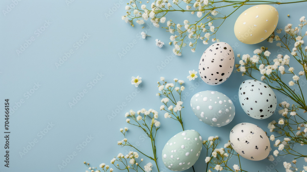 Easter greeting card with pastel easter eggs decorated with white flowers