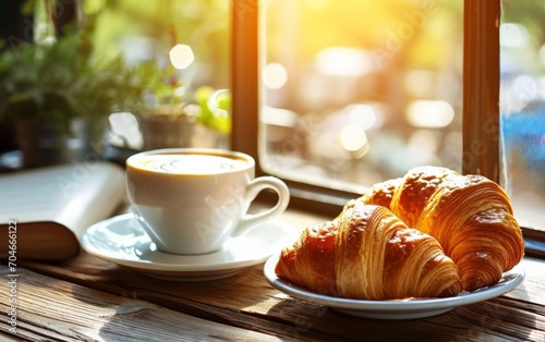 Freshly brewed coffee and croissants on a sunny table.