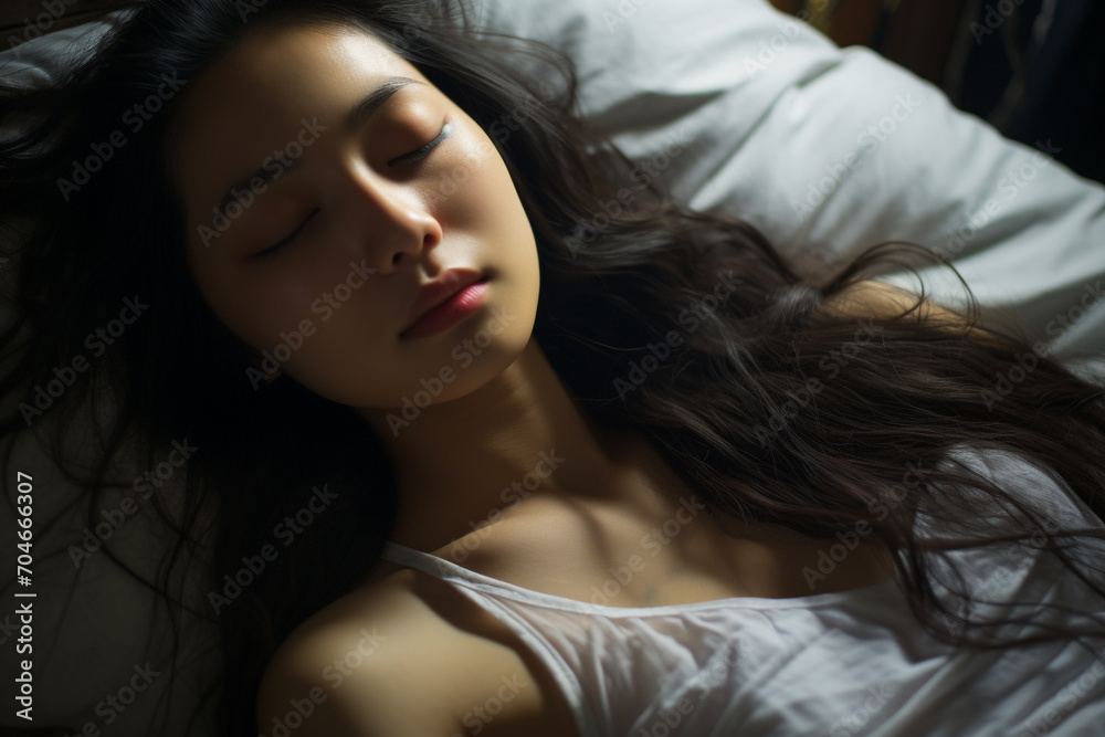 Beautiful 20-year-old Asian woman sleeps in bed with a peaceful expression in an intimate setting