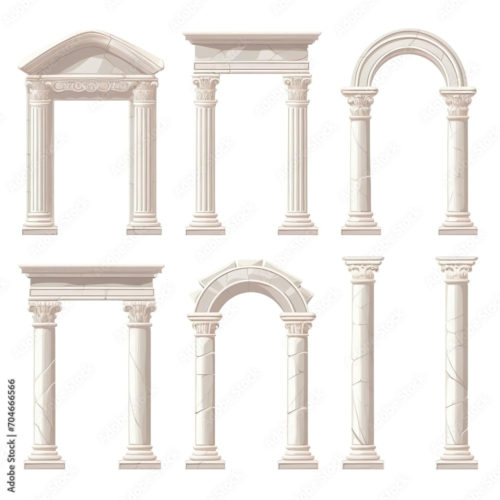 Set of ancient greek stone pillar stone pillar roman arches white marble