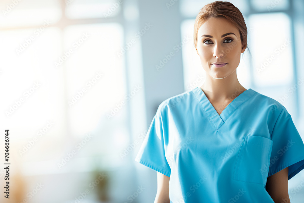 Fototapeta premium A confident female nurse in a blue scrub top stands in a bright medical facility.