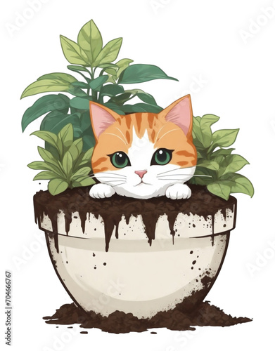 cute cat in a pot among green plants