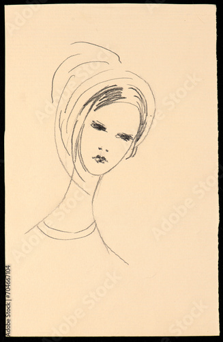 Minimalist-style sketch of a young female model using black pencil on colored paper. A conceptual artistic portrait of fashion aesthetics.