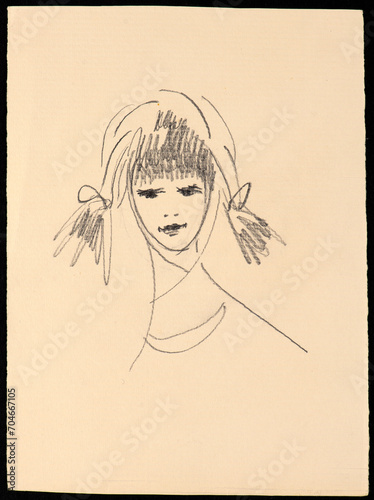 Minimalist-style sketch of a young female model using black pencil on colored paper. A conceptual artistic portrait of fashion aesthetics.