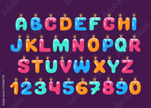 Birthday Candles Font. Cute Kids Party Alphabet. Children Funny Abc Typography Letters and Numbers. 