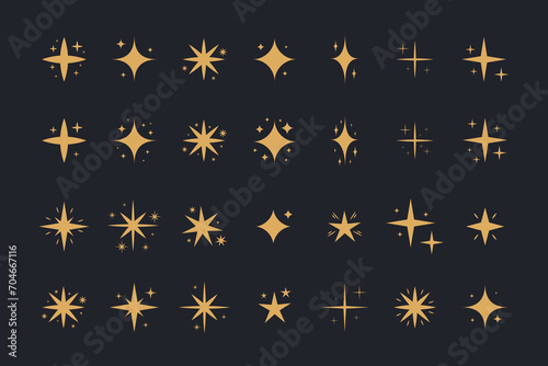 Sparkling Stars Collection Gold Colored. Cute Decorative Sparkles. Vector Illustration of Cartoon Shiny Glittering Twinkles. photo