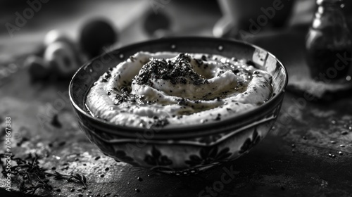  a black and white photo of a bowl of mashed potatoes with broccoli sprinkled on top. photo