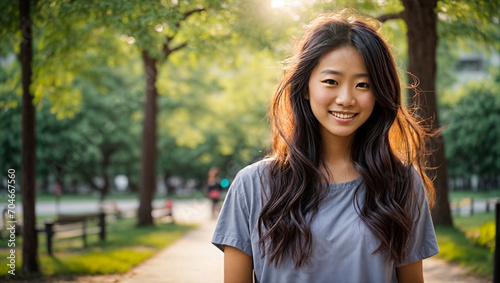 young asian woman smiling in park