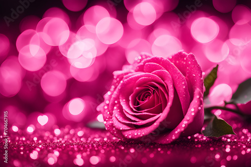 Pink rose  pink bokeh  abstract light background  sparkling glitter on rose. Background for valentine s day  women s day or event. Sparkling romantic background. Blurry abstract holiday background.