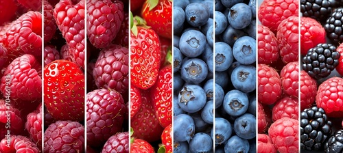 Collage of berry products with white vertical lines divided into 7 bright white segments