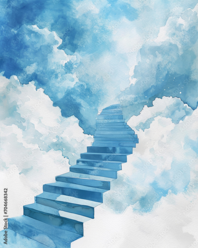 Stairway to heaven, blue steps rising through clouds, dreamy sky, spiritual journey, watercolor illustration.