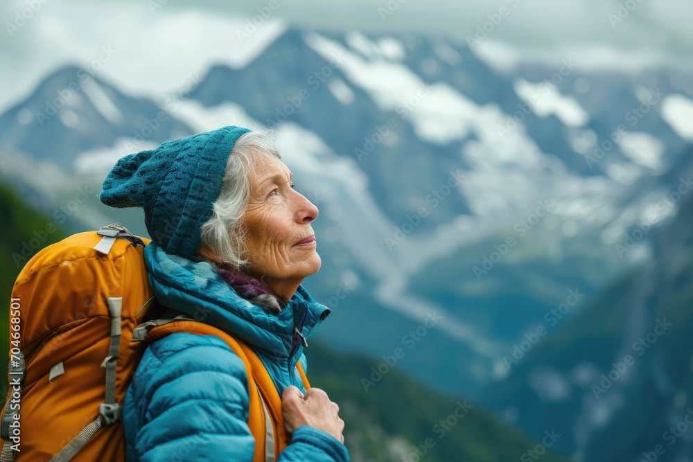 European elderly woman enjoying a scenic hike in the mountains